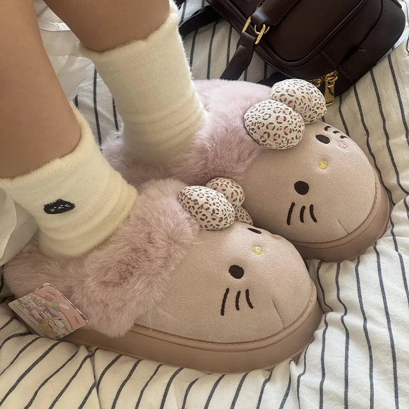Autumn Winter Hello Kitty Slippers For Women Plush Kawaii Cute Sanrio Home Warm Cotton Slippers Cartoon Home Indoor Shoes Gifts