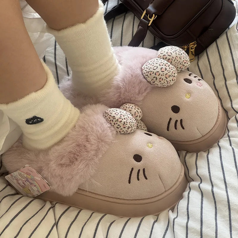 Autumn Winter Hello Kitty Slippers For Women Plush Kawaii Cute Sanrio Home Warm Cotton Slippers Cartoon Home Indoor Shoes Gifts